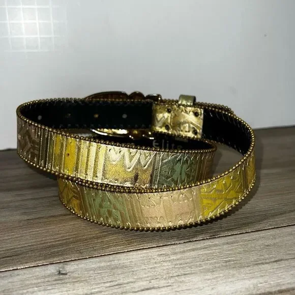 Elite Fresno California Vintage Belt Medium Multicolor Metallic Hieroglyphs Gold
